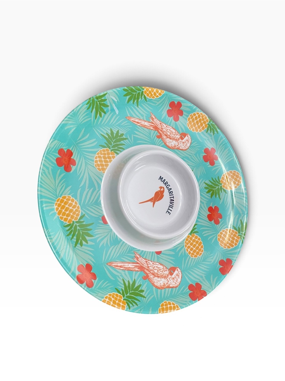 Margaritaville Teal Pineapple & Parrot Party Plates chips and dip